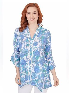 NWT Ruby Rd. Bali Floral button collared blouse lace details 3/4 sleeves Small